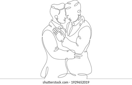 Gay couple.Romantic hugs of lovers. Close relationships, tenderness, emotions. Hugs of a couple. Embrace. One continuous drawing line  logo single hand drawn art doodle isolated minimal illustration.