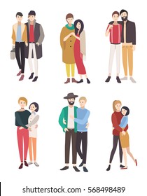 Gay couples flat colorful illustration. LGBT men and women in love.