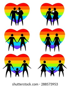 Gay couples and rainbow hearts isolated on a white background.