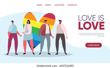 Gay couples together. Happy Valentine's Day and LGBT concept. Template for website, landing page. Vector cartoon illustration in flat style.