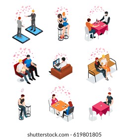Gay dating isometric compositions with same sex couples meeting in cafe cinema and outdoor vector illustration