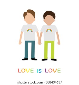 Gay family. Boy couple holding hands. Rainbow on shirt.  Love is love text quote. Greeting card.  LGBT community. Flat design. Vector illustration.