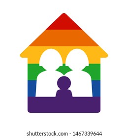 Gay family with child  and rainbow home. LGBT rights concept. Vector illustration. Design element for banner, leaflet, sticker, booklet.