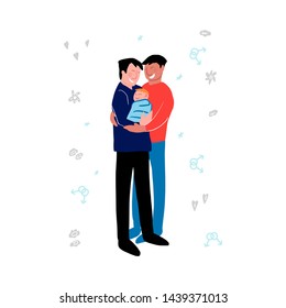 Gay family concept. Illustration of two LGBT men holding their child. Vector illustration