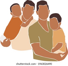 Gay family couple with kids on the white isolated background. Black skin man.