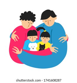 Gay Family Embracing. Isolated On White. Two Men Fathers, Daughter, Son And Pets Cat And Dog. LGBT Relationship. Fun Closeness And Togetherness Concept. Flat Style Drawing. Stock Vector Illustration.