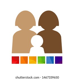 Gay family with kid under the rainbow umbrella. LGBT rights concept. Vector illustration. Design element for banner, leaflet, sticker, booklet.