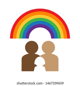 Gay family with kid under the rainbow. LGBT rights concept. Vector illustration. Design element for banner, leaflet, sticker, booklet.