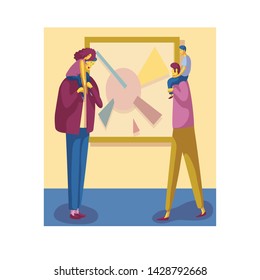 gay family in the museum. two fathers and two children. vector illustration