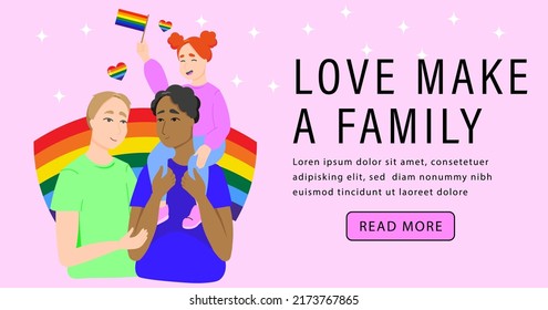 Gay family on the background of the LGBT flag. Vector illustration in a flat style. LGBTQ banner template on pink background.