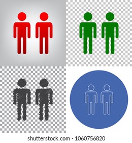 Gay family sign. Vector. 4 styles. Red gradient in radial lighted background, green flat and gray scribble icons on transparent and linear one in blue circle.