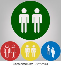 Gay family sign. Vector. 4 white styles of icon at 4 colored circles on light gray background.