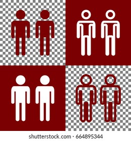 Gay family sign. Vector. Bordo and white icons and line icons on chess board with transparent background.