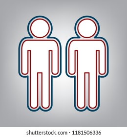 Gay family sign. Vector. Dark red, transparent and midnight green stroke of white icon at grayish background.