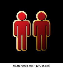 Gay family sign. Vector. Red icon with small black and limitless shadows at golden sticker on black background.