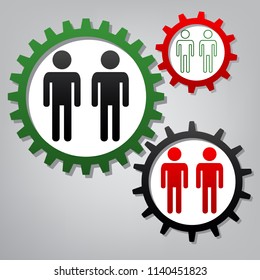 Gay family sign. Vector. Three connected gears with icons at grayish background.