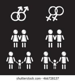 Gay family symbols set isolated on black background. Gender symbols. Gay couple with child. Gay couple with kid. Design element for flyers or banners.