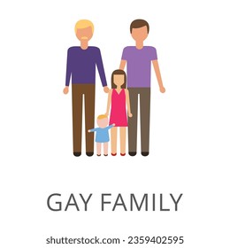 Gay family with two children isolated on white. Colored flat vector icon of homosexual family with kids. Human relationship concept