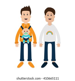 Gay family. Two fathers with baby boy son in baby carrier sling. Male couple. Rainbow on shirt.  Love is love. Greeting card.  LGBT community. Cute characters. Flat design. Vector illustration.