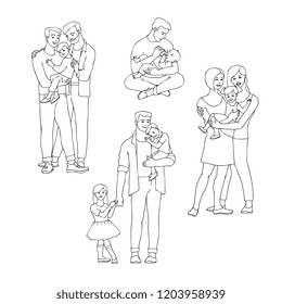 Gay family vector illustration set with happy men and women with their kids in line sketch style isolated on white background - hand drawn smiling Gay people embracing their children with love.