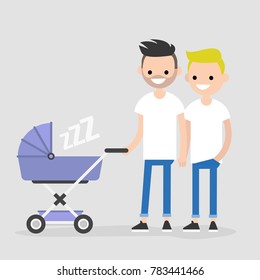 Gay Family Walking With A Baby Carriage. LGBT. Fathers. Homosexual Couple With A Child. Flat Editable Vector Illustration, Clip Art