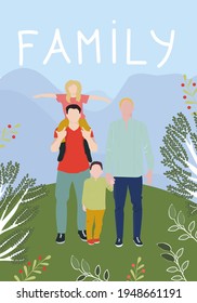 Gay fathers and children playing on the park in summer vacation. LGBT family love concept. Greeting card for father's day