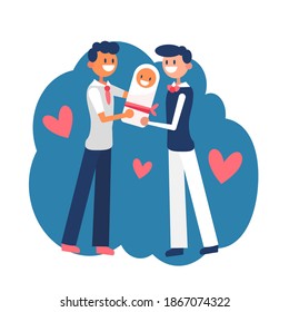 Gay fathers couple holding their happy baby and smiling. Newborn wrapped in a blanket. Concept for parenthood, fatherhood, lgbt family and rights. Flat isolated stock illustration.
