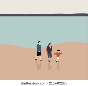 Gay fathers and son walking on the beach in summer vacation. LGBT family love concept Vector Illustration. Homosexual Freedom Love Romantic Date Relationship Marriage