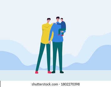 Gay fathers vector concept: gay couple hugging each other and holding their adopted child