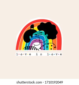 Gay female Couple being loving and happy. Two girls kissing. Pride community concept. LGBT rainbow flag. Hand drawn Vector illustration. Isolated on beige background