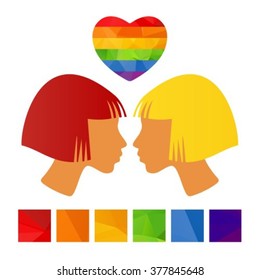 Gay female couple isolated on white background. LGBT couple. Design element for greeting card or flyers. Gay pride symbol.