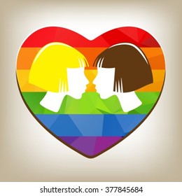 Gay female couple isolated on white background. LGBT couple. Design element for greeting card or flyers. Gay pride symbol.