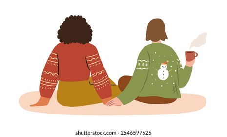 Gay female couple on a date concept. Girls wearing funny sweaters backview. Vector hand drawn isolated illustration 