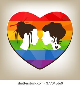 Gay female couple and rainbow heart. LGBT couple. Design element for greeting card or flyers. Gay pride symbol.