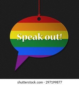 Gay flagged speech bubble with text and striped background