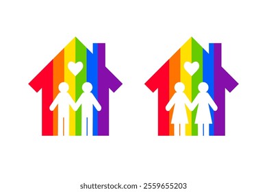 Gay friendly home concept with gay and lesbian couple moving in and living together. House made of rainbow pride flag colors with couple in love holding hands.