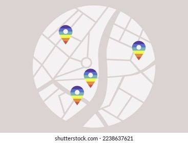 Gay friendly locations map marked with rainbow pins, safe space concept