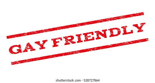 Gay Friendly watermark stamp. Text tag between parallel lines with grunge design style. Rubber seal stamp with unclean texture. Vector red color ink imprint on a white background.