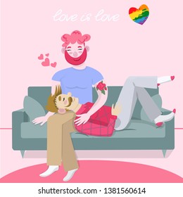 Gay friends, couple sitting on a couchand the inscription Love is love vector image. Cartoon flat vector illustration.
