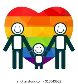 Gay gouple with child isolated on white background. Happy gay family symbol. LGBT family symbol. Design elements for flyers or banners.