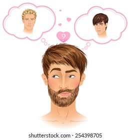 Gay guy choosing boyfriend. Difficult romantic choice. Handsome brunette guy thinking. Vector illustration.