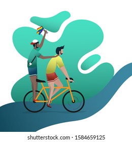 A gay guy couple while ridding a bicycle together showing a gay pride flag in minimal style on green minimal style