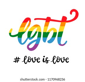 Gay hand written lettering poster. LGBT rights concept. Love is love. Pride rainbow spectrum flag, homosexuality, equality emblem. Parades event announcement banner, placard typographic vector design.