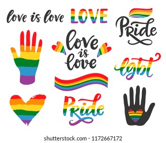 Gay hand written lettering poster. LGBT rights concept. Love is love. Pride rainbow spectrum flag, homosexuality, equality emblem. Parades event announcement banner, placard typographic vector design.