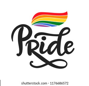 Gay hand written lettering poster. LGBT rights concept. Love is love. Pride rainbow spectrum flag, homosexuality, equality emblem. Parades event announcement banner, placard typographic vector design.