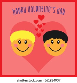 Gay happy Valentine's day greeting card. Flat illustration. Two boys in love on heart background. Men love.