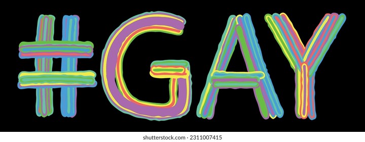 GAY Hashtag. Isolate neon doodle lettering text from multi-colored curved neon lines like from a felt-tip pen, pensil. Hashtag #GAY for banner, t-shirts, mobile apps, typography, homosexual resources