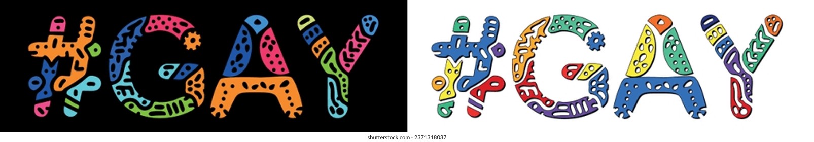 GAY Hashtag. Multicolored bright isolate curves doodle letters. Trendy popular Hashtag #GAY for homosexual LGBT, GLBT print, booklet, banner, flyer. Stock vector.