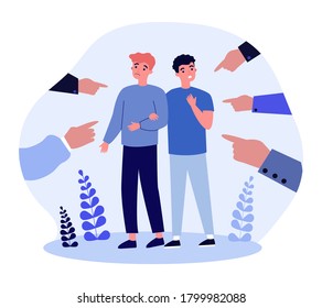 Gay intolerant society. Hands of people pointing male couple flat vector illustration. Accusation, inequality, LGBT social problems concept for banner, website design or landing web page