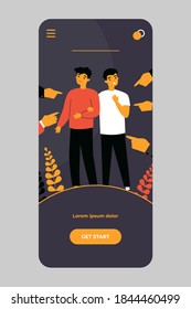 Gay intolerant society. Hands of people pointing male couple flat vector illustration. Accusation, inequality, LGBT social problems concept for banner, website design or landing web page